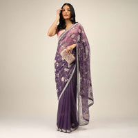 Royal Purple Saree In Organza With Moti, Resham And Cord Embroidered Floral Motifs On The Pallu