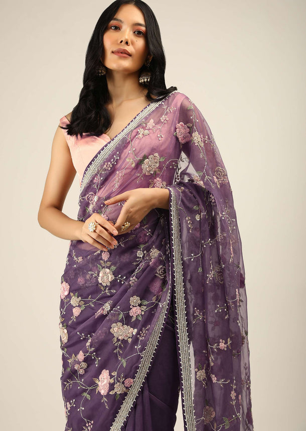 Royal Purple Saree In Organza With Moti, Resham And Cord Embroidered Floral Motifs On The Pallu