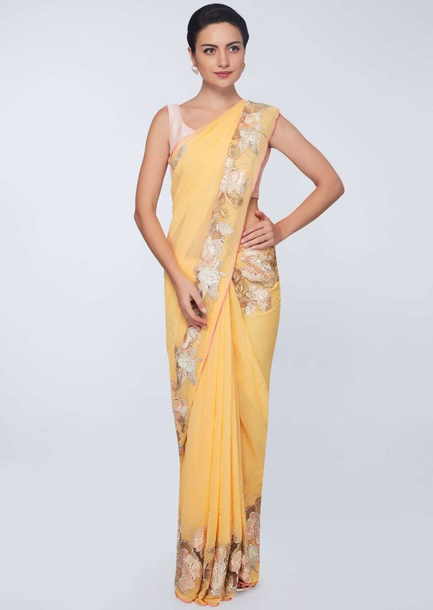 Royal yellow georgette saree with net embroidered border only on Kalki