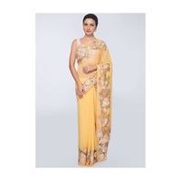 Royal yellow georgette saree with net embroidered border only on Kalki