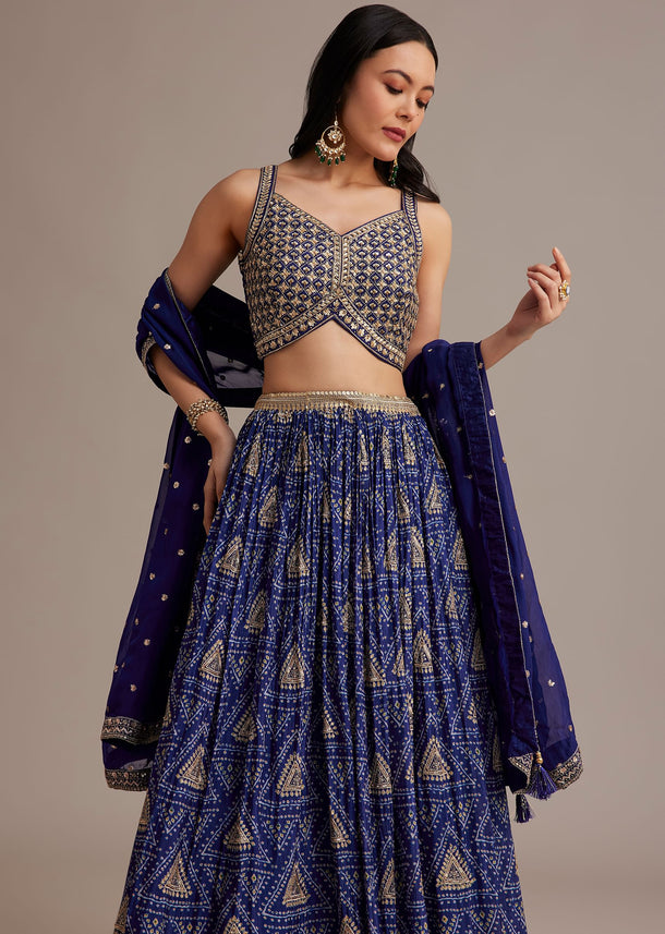 Royal Blue Bandhani Lehenga Set With Zari Butti And Sequins Work