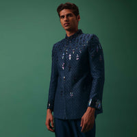 Royal Blue Bandhgala Jacket Set With Hand Embroidery