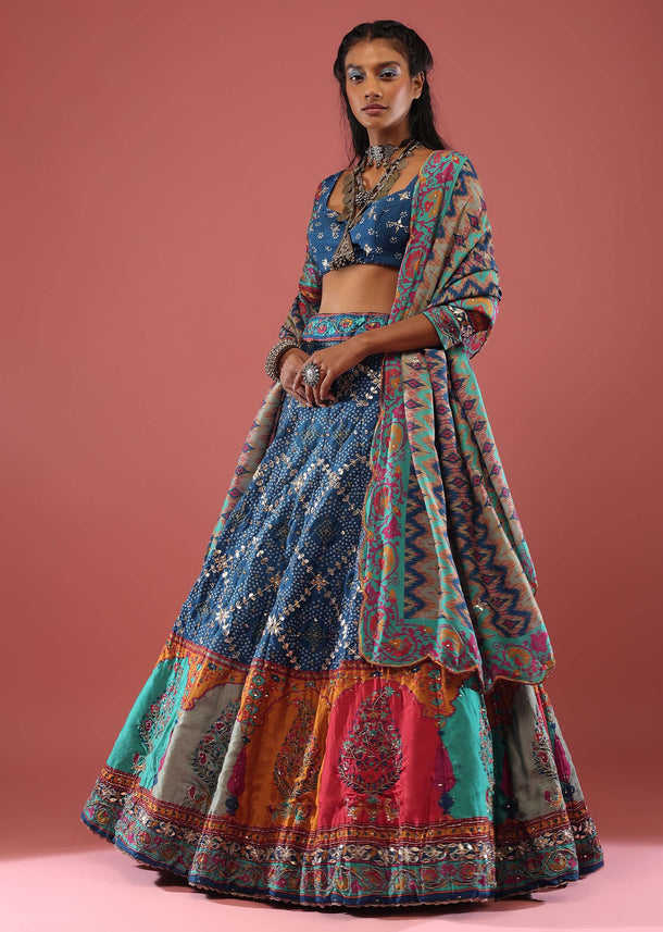 Royal Blue Bandhni Printed Lehenga With Bandhani Print, Gotta Pati Work And Floral Block Printed Hem