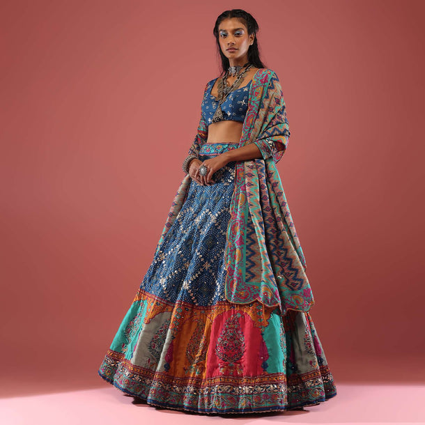 Royal Blue Bandhni Printed Lehenga With Bandhani Print, Gotta Pati Work And Floral Block Printed Hem