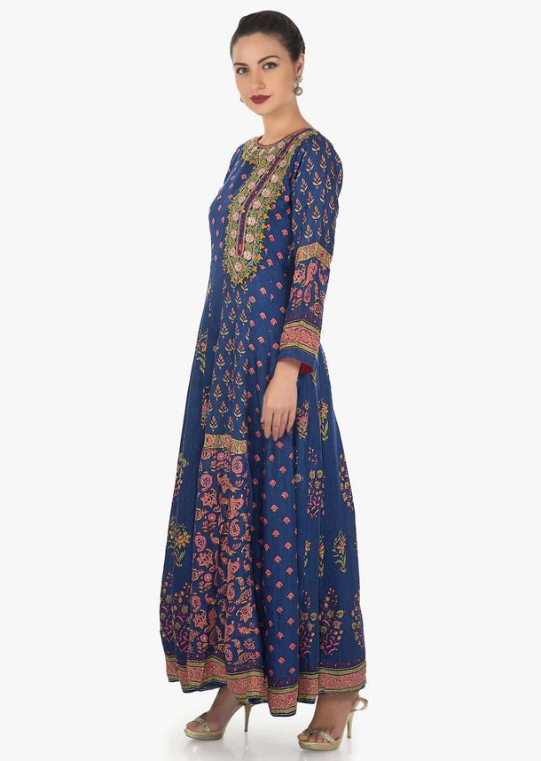 Royal blue dress in santoon with floral print and resham embroidery neck only on Kalki