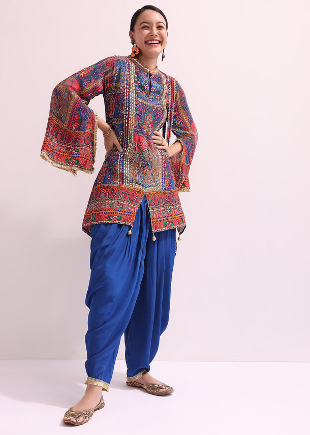 Royal Blue Embroidered Kurta Dhoti Set With Potli