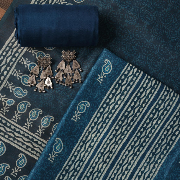 Indigo Printed Chanderi Unstitch Dress Material Set