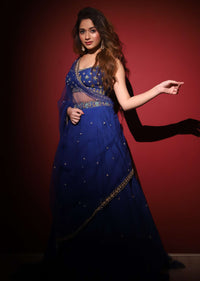 Royal Blue Lehenga Choli In Raw Silk With Hand Embroidered Butti Design Using Mint Sequins And Cut Dana Work