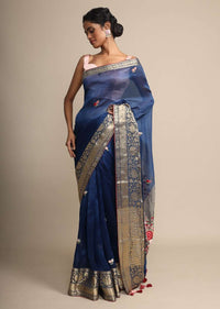 Royal Blue Organza Saree With Floral Embroidered Butti Online - Kalki Fashion