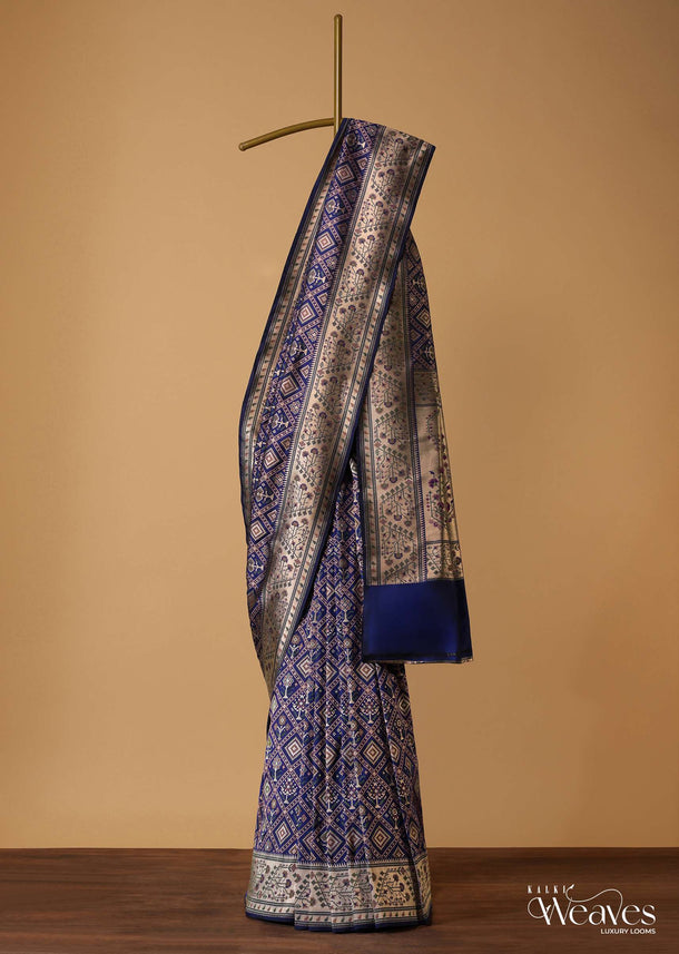 Royal Blue Patola Saree With Ikat Weave In Katan Silk