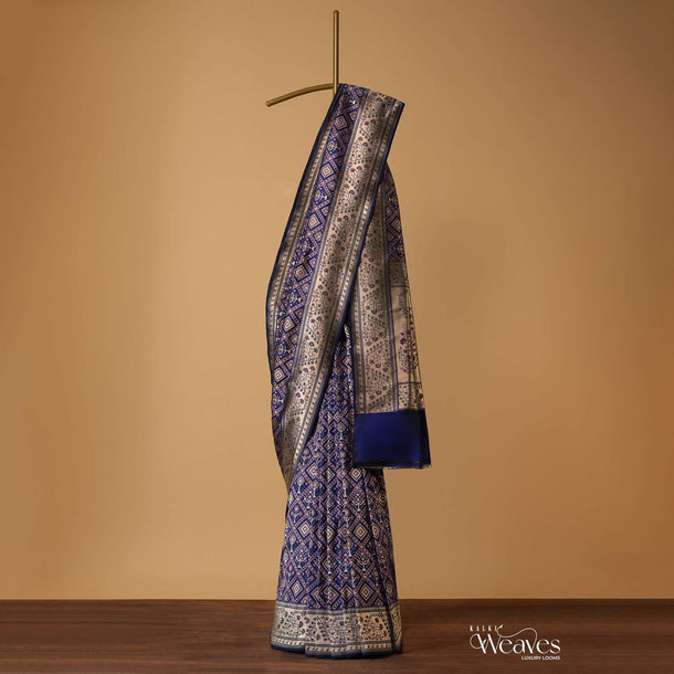 Royal Blue Patola Saree With Ikat Weave In Katan Silk