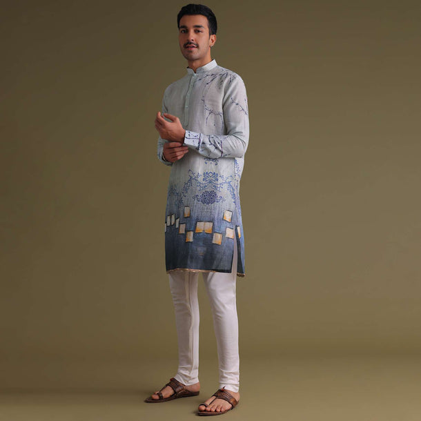 Royal Blue Printed Casual Kurta In Cotton Silk