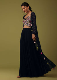 Royal Blue Santoon Crop Top And Palazzo Set With Floral Embroidery