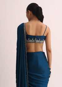 Royal Blue Saree With Embroidered Border And Unstitched Blouse