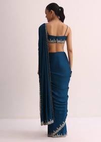 Royal Blue Saree With Embroidered Border And Unstitched Blouse