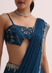 Royal Blue Saree With Embroidered Border And Unstitched Blouse