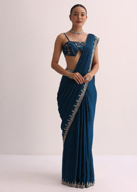 Royal Blue Saree With Embroidered Border And Unstitched Blouse