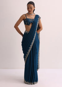 Royal Blue Saree With Embroidered Border And Unstitched Blouse