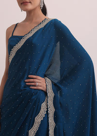 Royal Blue Satin Saree In Cutdana Embroidery With Unstitched Blouse