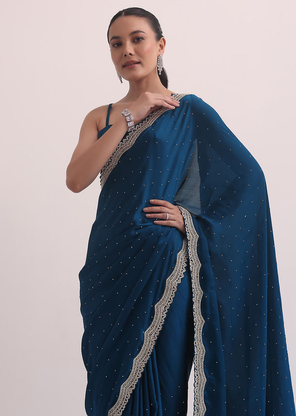 Royal Blue Satin Saree In Cutdana Embroidery With Unstitched Blouse