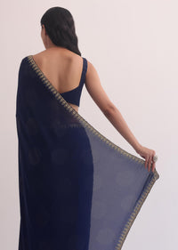 Royal Blue Satin Saree With Cut Dana Embroidery