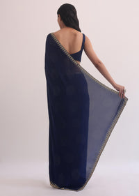 Royal Blue Satin Saree With Cut Dana Embroidery