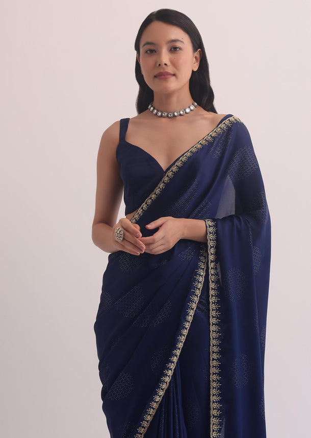 Royal Blue Satin Saree With Cut Dana Embroidery