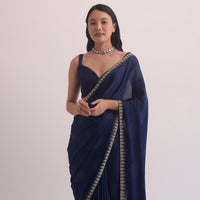 Royal Blue Satin Saree With Cut Dana Embroidery