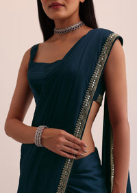 Royal Blue Satin Saree With Mirror Embroidery And Unstitched Blouse