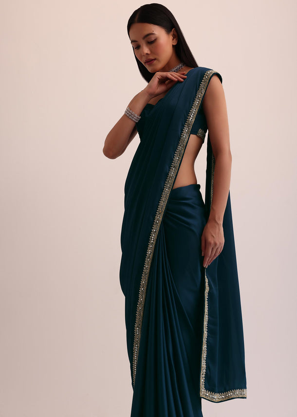 Royal Blue Satin Saree With Mirror Embroidery And Unstitched Blouse