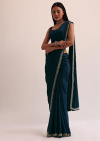 Royal Blue Satin Saree With Mirror Embroidery And Unstitched Blouse