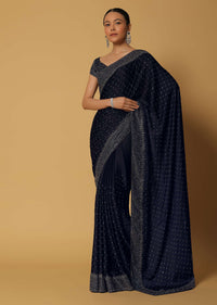 Royal Blue Satin Saree With Swarovski Work And Unstitched Blouse Fabric