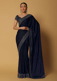 Royal Blue Satin Saree With Swarovski Work And Unstitched Blouse Fabric