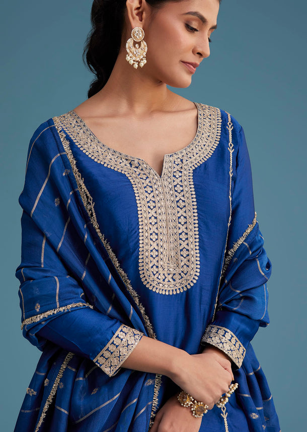 Royal Blue Silk Palazzo Set With Zari And Sequins Work