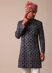 Royal Blue Silk Sherwani With Intricate Neckline Embroidery