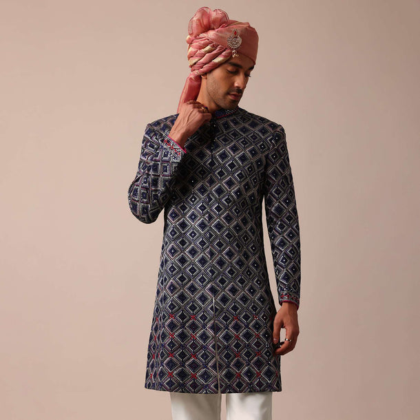Royal Blue Silk Sherwani With Intricate Neckline Embroidery