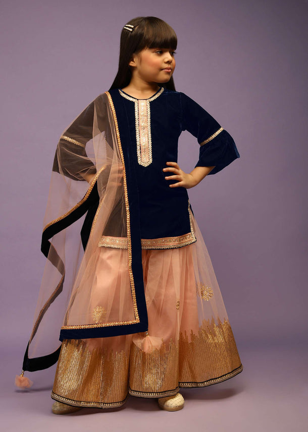 Kalki Girls Royal Blue Suit In Velvet With Peach Palazzo Adorned In Gotta Lace