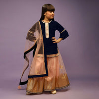 Kalki Girls Royal Blue Suit In Velvet With Peach Palazzo Adorned In Gotta Lace
