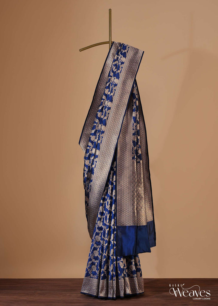 Royal Blue Saree In Uppada Silk With Single Zari Jaal And Unstitched Blouse