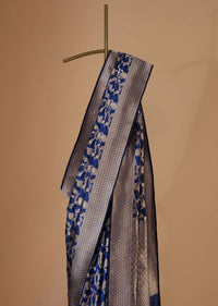 Royal Blue Saree In Uppada Silk With Single Zari Jaal And Unstitched Blouse