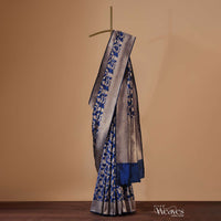 Royal Blue Saree In Uppada Silk With Single Zari Jaal And Unstitched Blouse