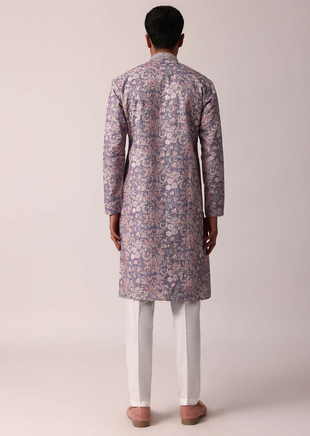 Royal Purple Silk Kurta Set With All-Over Print