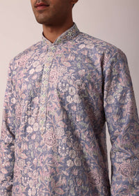 Royal Purple Silk Kurta Set With All-Over Print