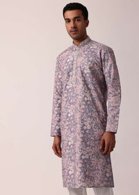 Royal Purple Silk Kurta Set With All-Over Print