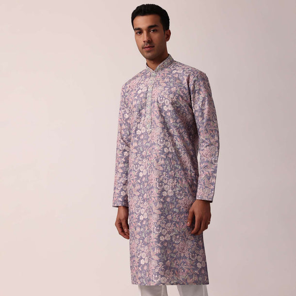 Royal Purple Silk Kurta Set With All-Over Print