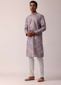 Royal Purple Silk Kurta Set With All-Over Print