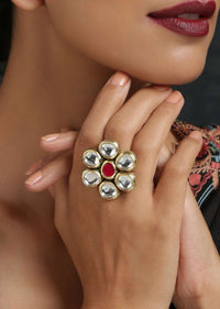 Ruby Red And Gold Ring With Exquisite Kundan Detailing And Emboss Work Studded With High Grade Stones By Paisley Pop