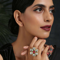 Ruby Red And Gold Ring With Exquisite Kundan Detailing And Emboss Work Studded With High Grade Stones By Paisley Pop
