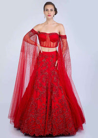 Ruby Red Lehenga In Heavily Embroidered Net With Fancy Off Shoulder Blouse With Long Fared Sleeves