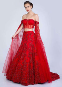 Ruby Red Lehenga In Heavily Embroidered Net With Fancy Off Shoulder Blouse With Long Fared Sleeves